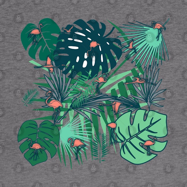 Flamingos and tropical leaves by bruxamagica
